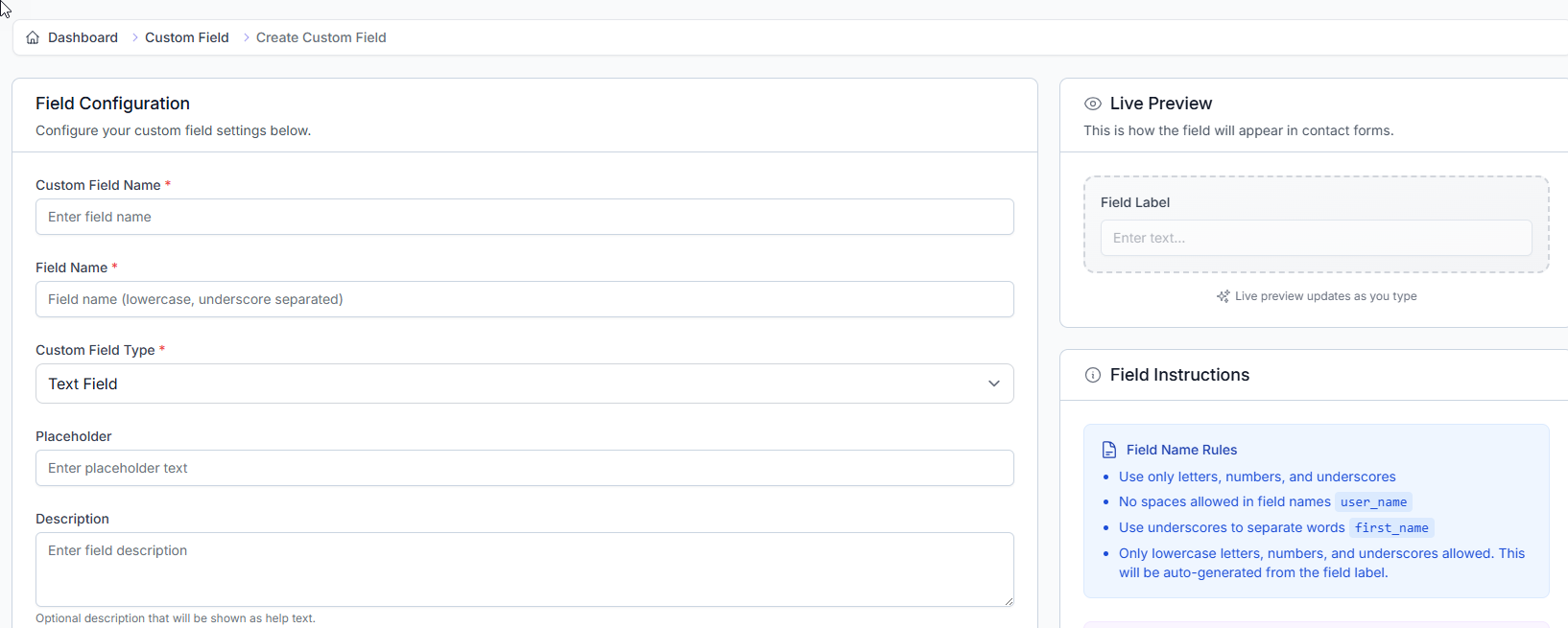 Create Custom Field Step 1